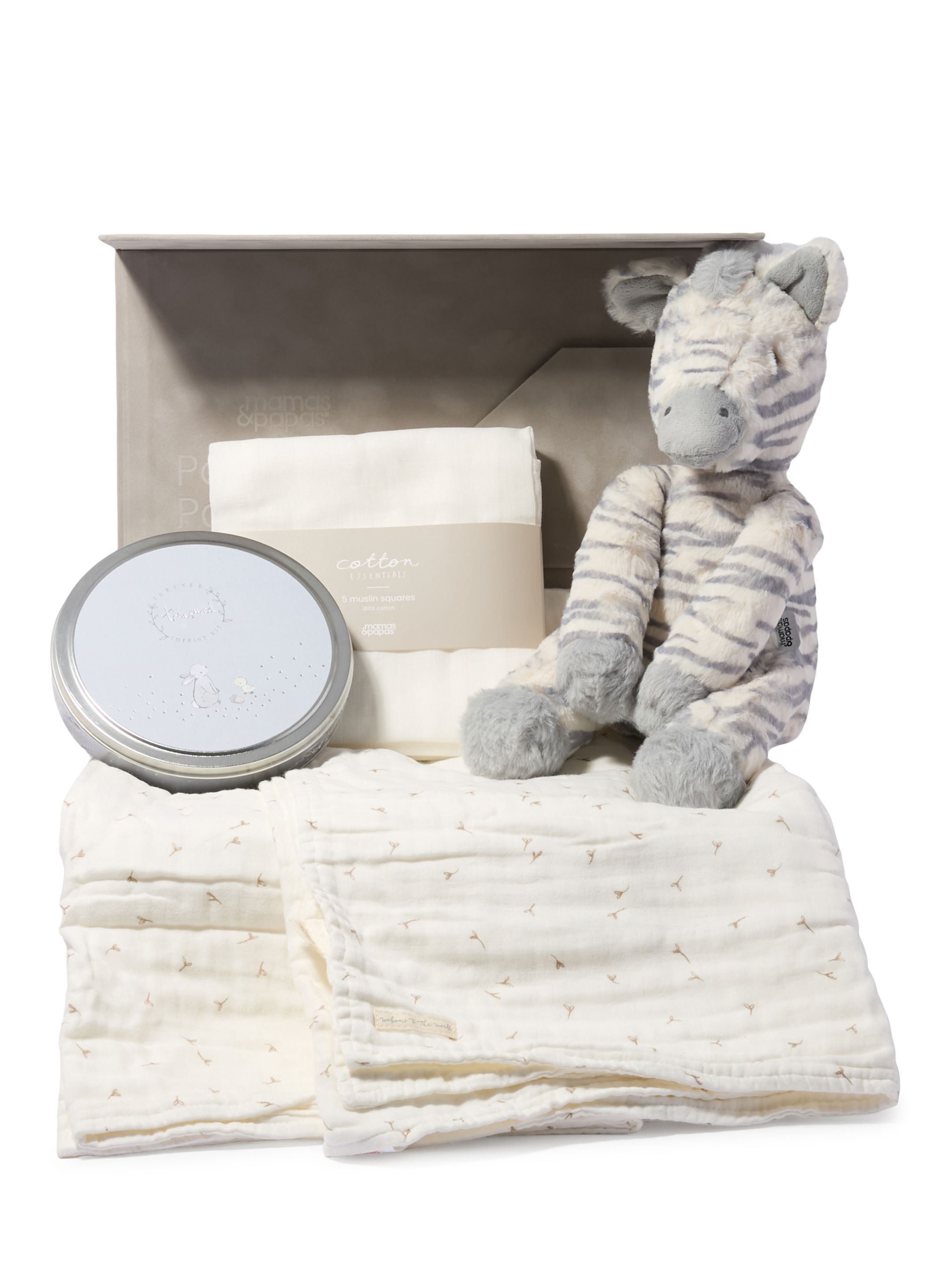 Keepsake Gift Set - Seed Muslin Blanket with Ziggy Zebra Soft Toy, Muslin Squares & Blue Imprint Tin image number 1